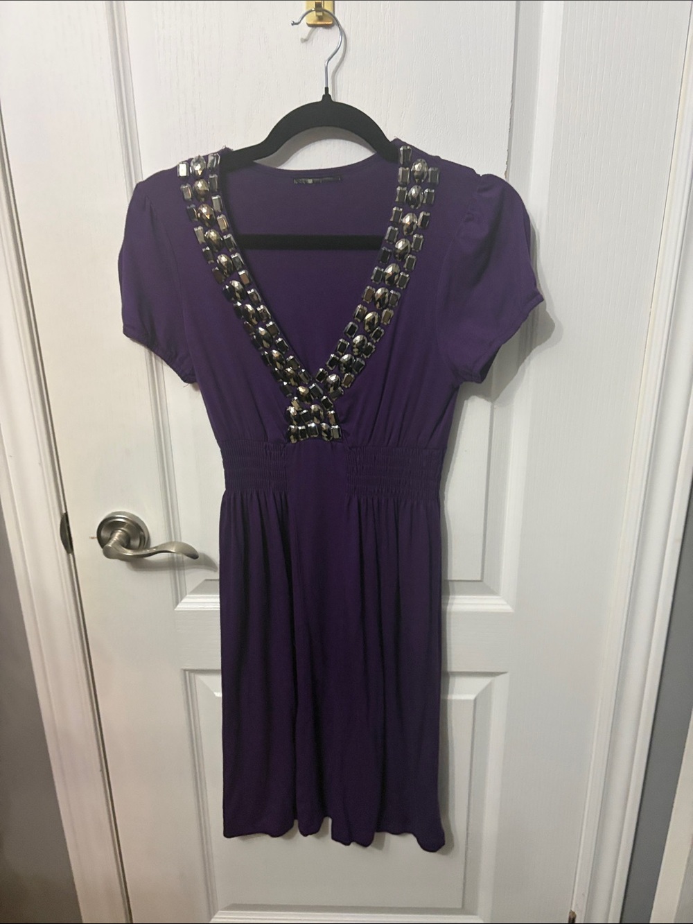 Purple Embellished V-Neck Women's Dress